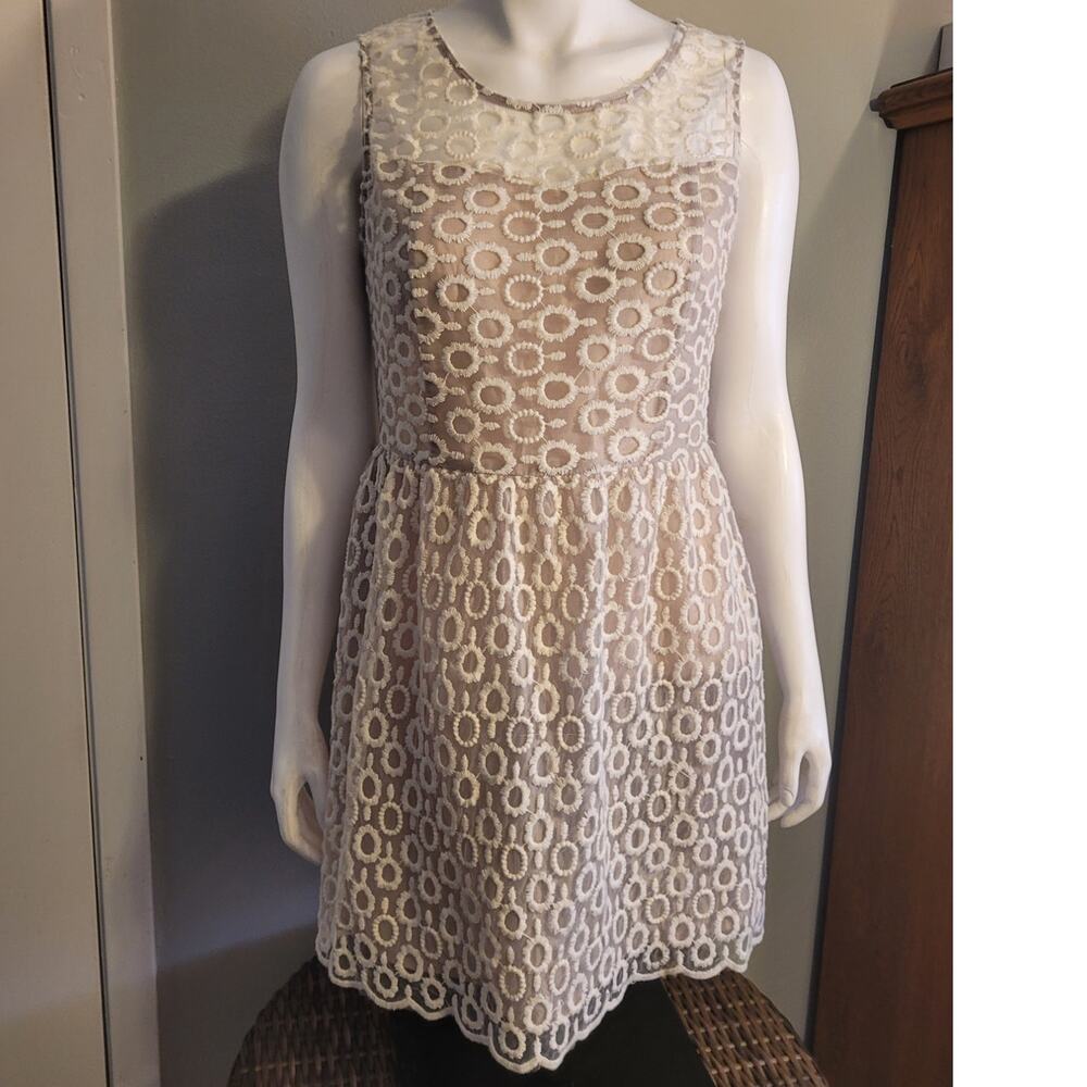 Tea Rose Embroidered Skater Dress L Fit Flare Mesh Layered Neutral Coquette